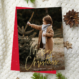 Handgeschreven Script Red Merry Christmas Photo Folie Feestdagenkaart