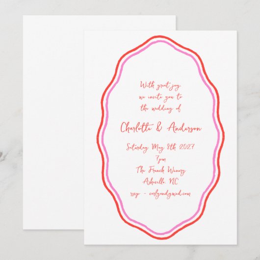 Handgeschreven Script Red Scribble Border Wedding Kaart (Voorkant / Achterkant)