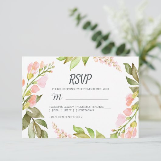Handgeschreven script roze Floral Rustic Boho Wedd RSVP Kaartje (Staand voorkant)