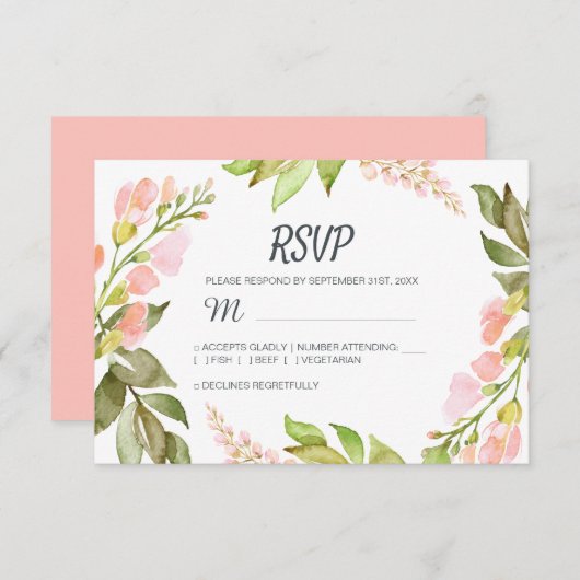 Handgeschreven script roze Floral Rustic Boho Wedd RSVP Kaartje (Voorkant / Achterkant)
