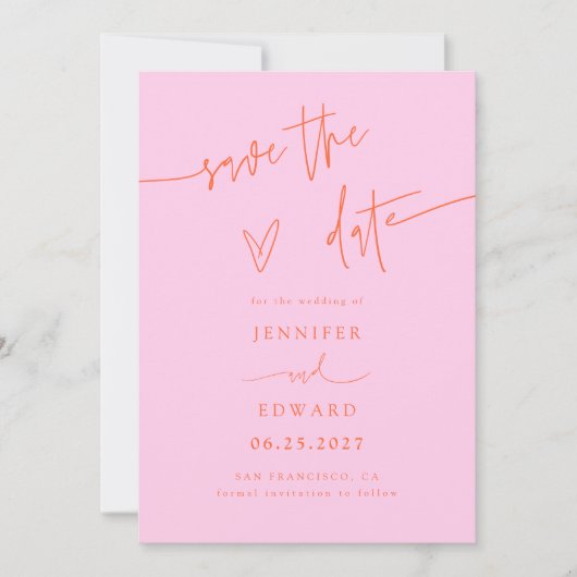 Handgeschreven script roze oranje save the date (Voorkant)