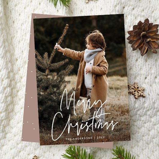 Handgeschreven script Roze Taupe Prettig Kerstfees Feestdagenkaart