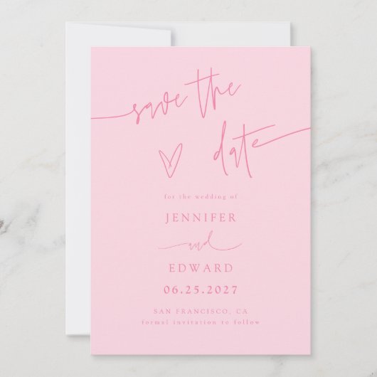 Handgeschreven script roze trouwkaart Save The Dat Date (Voorkant)