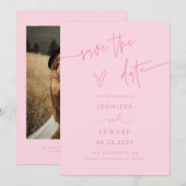 Handgeschreven script roze trouwkaart Save The Dat Date (Voorkant / Achterkant)