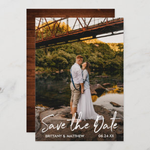Handgeschreven Script Rustic Wood Couple Foto Save The Date