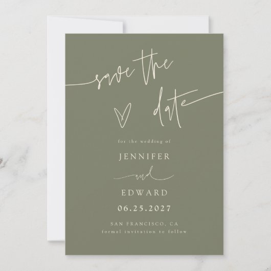 Handgeschreven script saliegroen save the date (Voorkant)