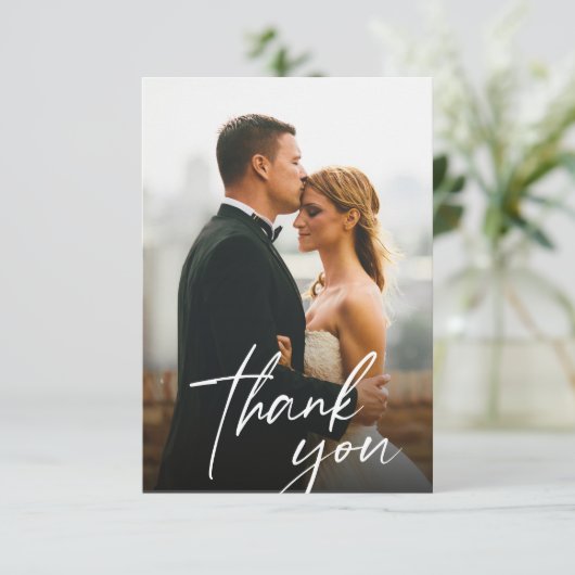 Handgeschreven Script Wedding 2 foto's Bedankkaart (Staand voorkant)