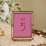 Handgeschreven Script Whimsy Pink Red Custom Weddi Kaart<br><div class="desc">Voeg een leuke en persoonlijke touch toe aan uw trouwreceptie met ons handgeschreven script Quirky Whimsy Custom Table Number in roze en rood. Dit speelse ontwerp beschikt over een charmant handgeschreven script en levendige kleuren, waardoor het een heerlijke aanvulling is op je trouwdecor. Leid uw gasten naar hun zitplaatsen met...</div>