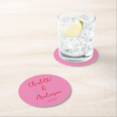 Handgeschreven Script Whimsy Pink Red Custom Weddi Ronde Kartonnen Onderzetter (Insitu)