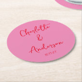Handgeschreven Script Whimsy Pink Red Custom Weddi Ronde Kartonnen Onderzetter (Gebogen)