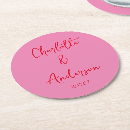 Handgeschreven Script Whimsy Pink Red Custom Weddi Ronde Kartonnen Onderzetter (Gebogen)
