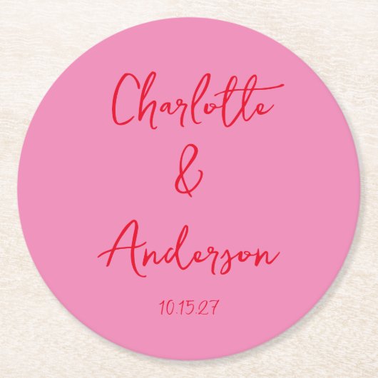 Handgeschreven Script Whimsy Pink Red Custom Weddi Ronde Kartonnen Onderzetter (Voorkant)