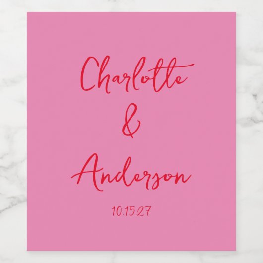 Handgeschreven Script Whimsy Pink Red Custom Weddi Wijn Etiket (Enkel label)