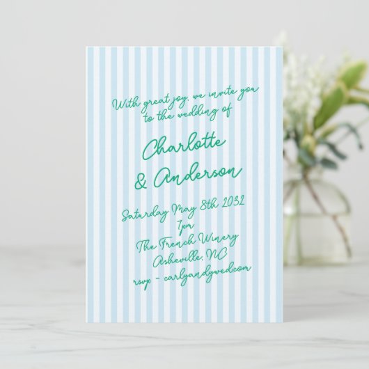 Handgeschreven Script Whimsy Strepen Quirkyl Trouw Kaart (Staand voorkant)