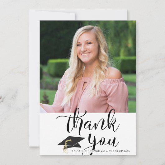 Handgeschreven script zwart-wit Afstuderen Foto Bedankkaart (Voorkant)