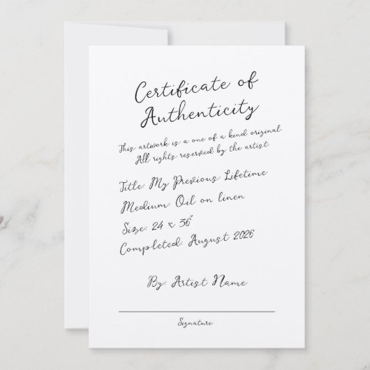 Handgeschreven scriptcertificaat van echtheid kaart (Voorkant)