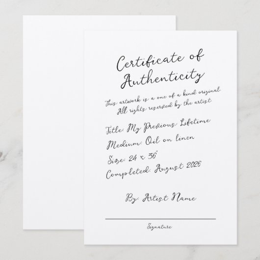 Handgeschreven scriptcertificaat van echtheid kaart (Voorkant / Achterkant)