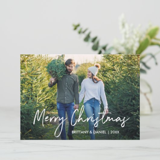 Handgeschreven scripthout, kerstfoto feestdagenkaart (Staand voorkant)