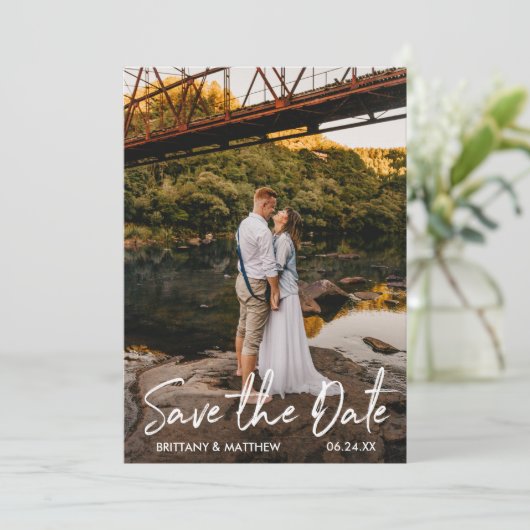 Handgeschreven scriptkoppeling Foto Kraft Save The Date (Staand voorkant)
