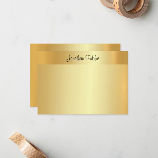 Handgeschreven scriptnaam Elegant Faux Gold Sjablo Notitiekaartje (Voorkant / Achterkant in situ)