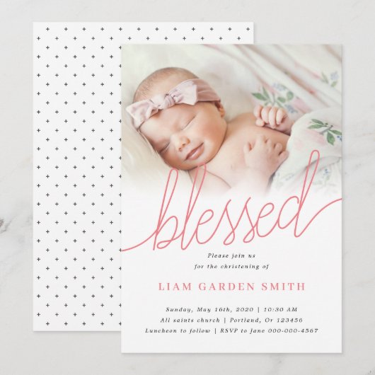 Handgeschreven scriptroze Christening Baptism Foto Kaart (Voorkant / Achterkant)