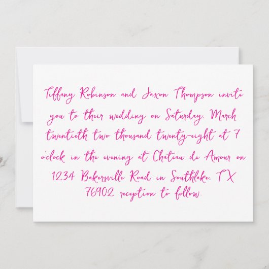 Handgeschreven stijl witte en hete roze bruiloft kaart (Voorkant)