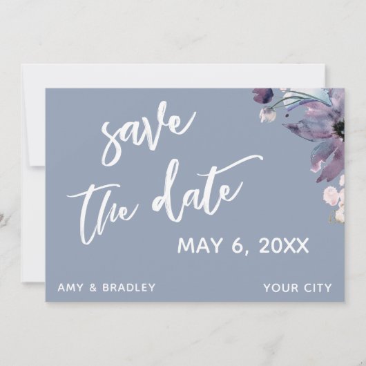 Handgeschreven Stofblauw Bloem Bruiloft Typografie Save The Date (Voorkant)