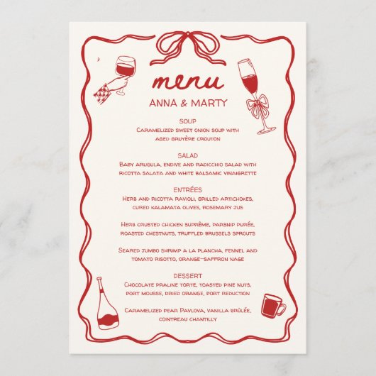 Handgeschreven tekening Scribble Doodle Red Weddin Menu (Voorkant)