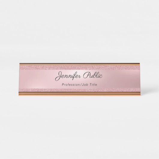 Handgeschreven tekst Elegant Roos Gold Glitter Mod Bureau Naambordje (Voorkant)