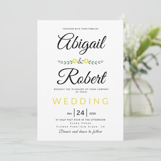Handgeschreven typografie gele bloemen bruiloft kaart (Staand voorkant)