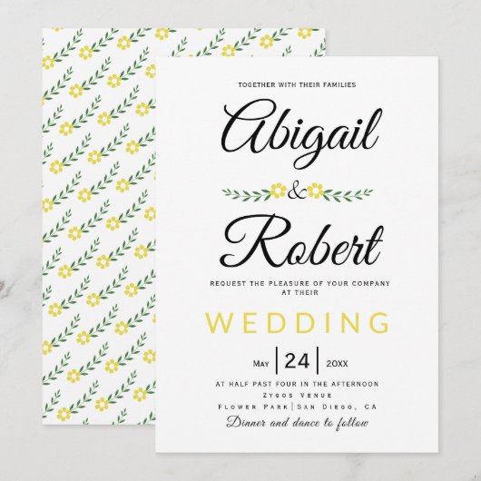 Handgeschreven typografie gele bloemen bruiloft kaart (Voorkant / Achterkant)