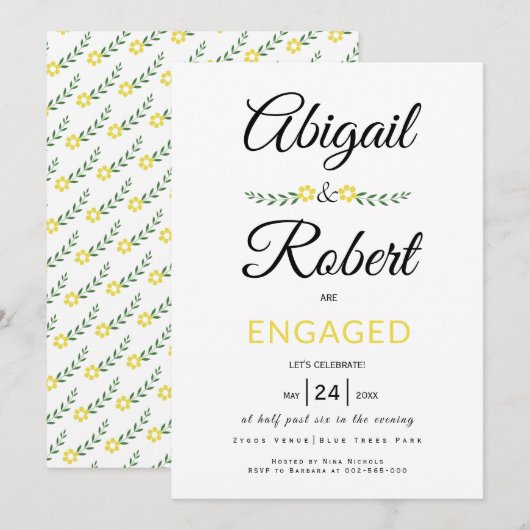 Handgeschreven typografie gele bloemen verloving kaart (Voorkant / Achterkant)