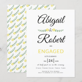 Handgeschreven typografie gele bloemen verloving kaart