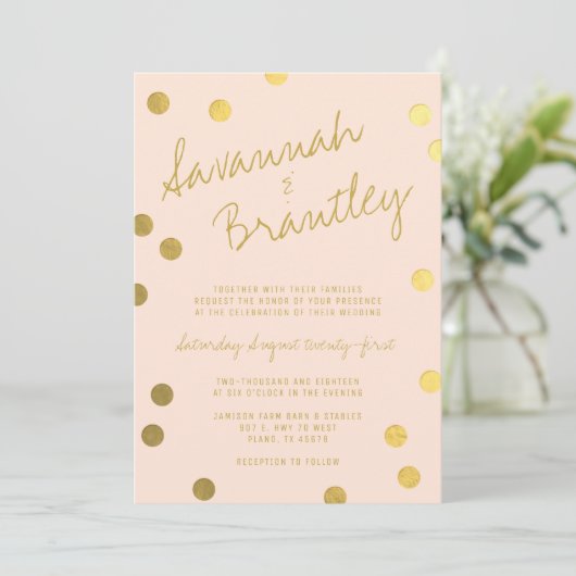 Handgeschreven Typografie Gold Foil Confetti Weddi Kaart (Staand voorkant)