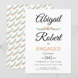 Handgeschreven typografie perzikbloemen verloving kaart