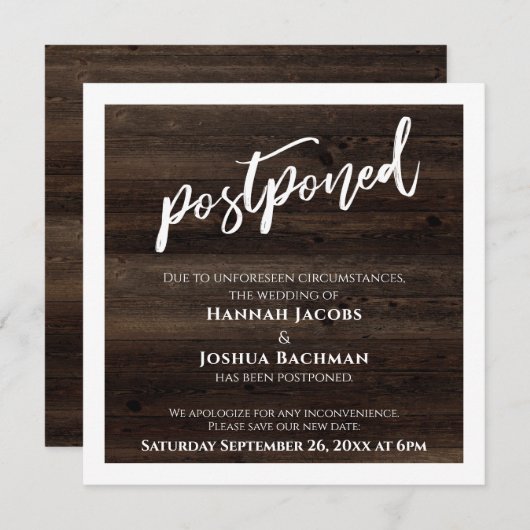 Handgeschreven Uitgestelde Trouwdatum Rustieke Hou Kaart (Voorkant / Achterkant)
