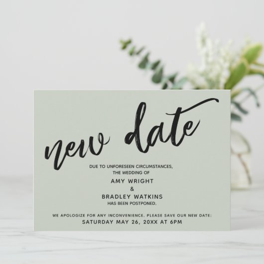 Handgeschreven uitstel bruiloft update Sage kaart (Staand voorkant)