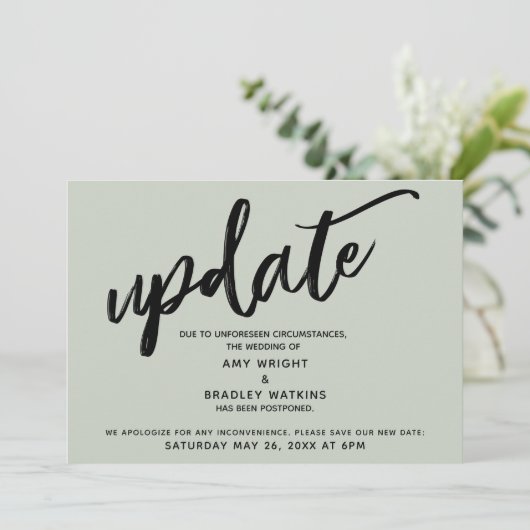 Handgeschreven uitstel bruiloft update Sage kaart (Staand voorkant)