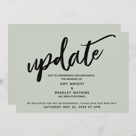 Handgeschreven uitstel bruiloft update Sage kaart (Voorkant / Achterkant)