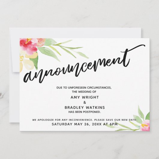 Handgeschreven uitstel trouwdatum bloemige uitnodi kaart (Voorkant)