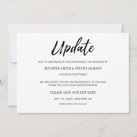 Handgeschreven "Update" Uitverstelling Bruiloft Kaart (Voorkant)