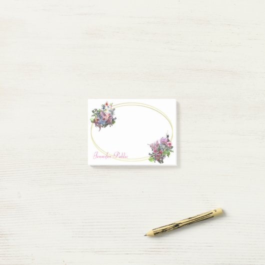 Handgeschreven Waterverf Bloemen Sjabloon Goud Post-it® Notes (Op bureau)