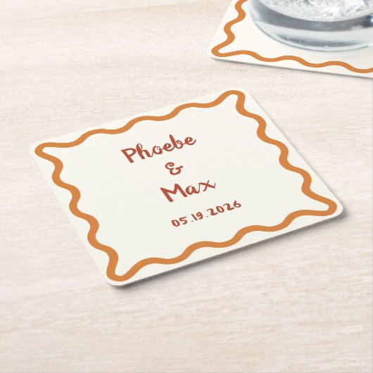 Handgeschreven Whimsical Wavy Border 70s Bruiloft Kartonnen Onderzetters (Schuin)