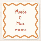 Handgeschreven Whimsical Wavy Border 70s Bruiloft Kartonnen Onderzetters (Voorkant)