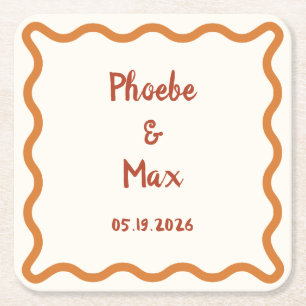 Handgeschreven Whimsical Wavy Border 70s Bruiloft Kartonnen Onderzetters