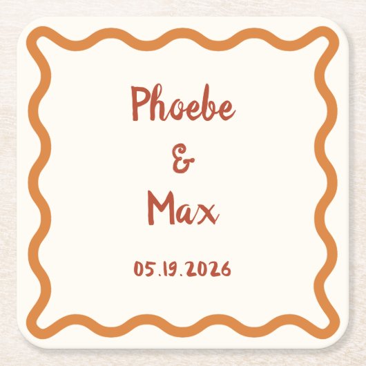 Handgeschreven Whimsical Wavy Border 70s Bruiloft Kartonnen Onderzetters (Voorkant)