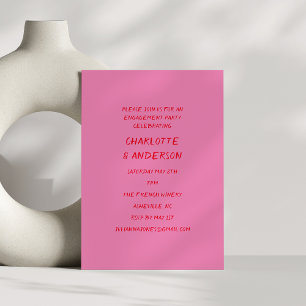 Handgeschreven Whimsy Pink en Red Engagement Party Kaart