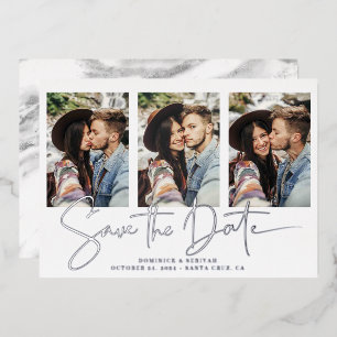 Handgeschreven zilveren oliesleutel Sla de datum o Folie Uitnodiging