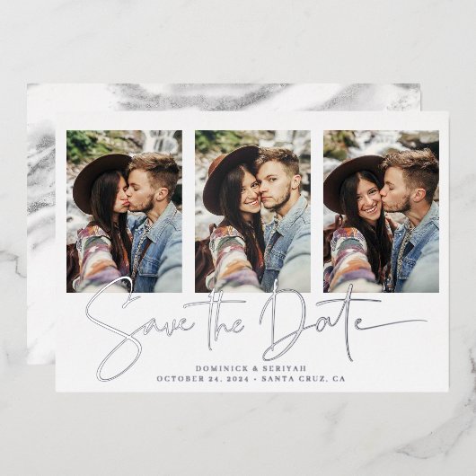 Handgeschreven zilveren oliesleutel Sla de datum o Folie Uitnodiging (Voorkant / Achterkant)