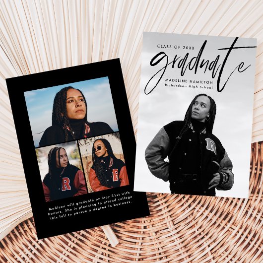 Handgeschreven zwart penseelscript 4 foto Afstuder Aankondiging